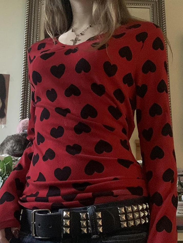 V-Neck Love Print Slim Long Sleeve Top - AnotherChill