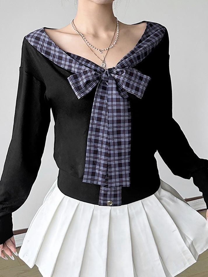 V-Neck Plaid Tie Bow Contrast Long Sleeve Top - AnotherChill