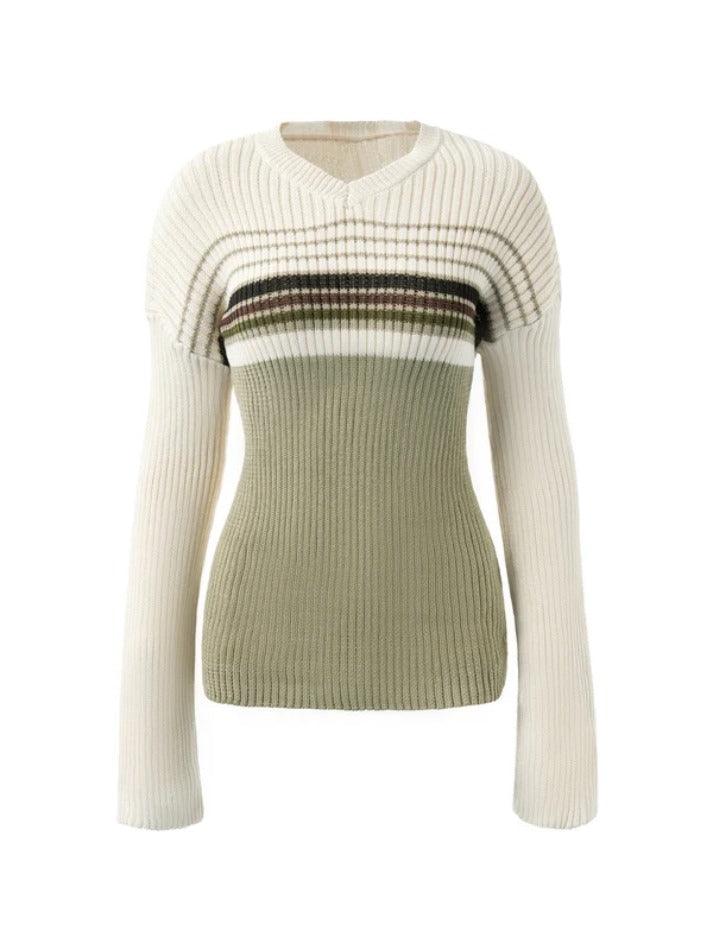 V Neck Stripe Print Sweater - AnotherChill