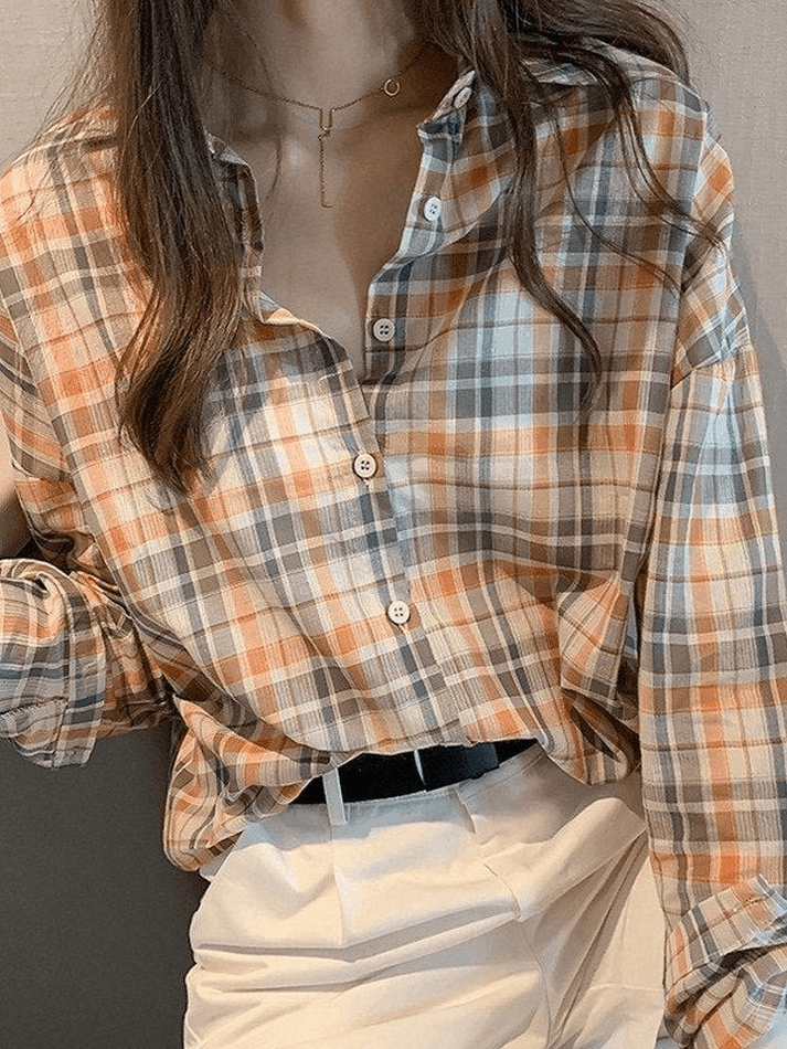 Vintage Checkered Long Sleeve Button Blouse - AnotherChill