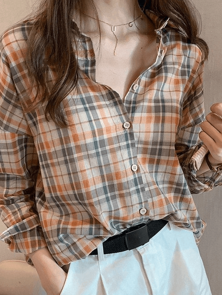 Vintage Checkered Long Sleeve Button Blouse - AnotherChill