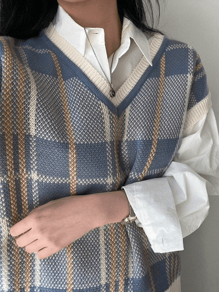 Vintage Checkered V Neck Sweater Vest - AnotherChill