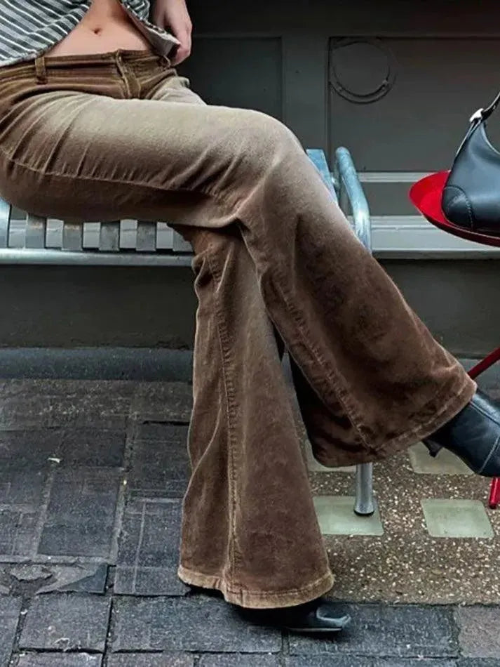 Vintage Contrast Washed Low-Rise Corduroy Pants - AnotherChill