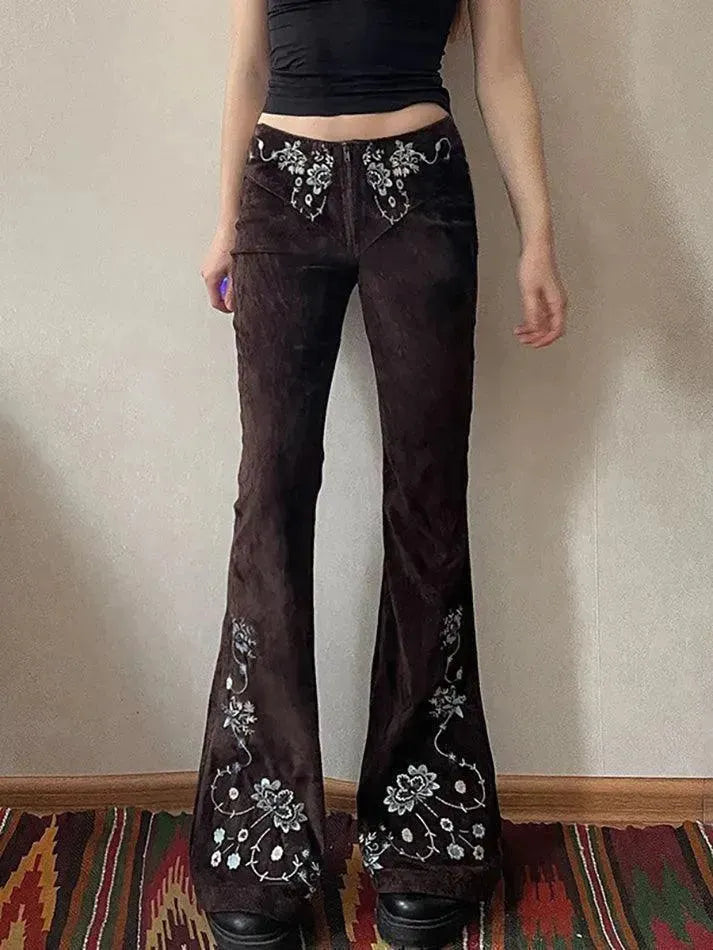 Vintage Embroidered Foldover Flared Jeans - AnotherChill