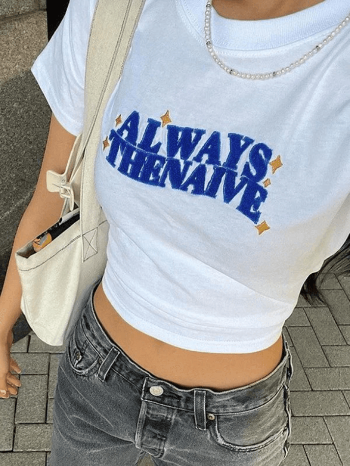 Vintage Embroidered Lettering Short Sleeve Crop Top - AnotherChill