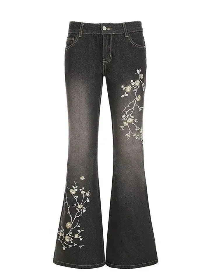 Vintage Floral Embroidery Gradient Jeans - AnotherChill