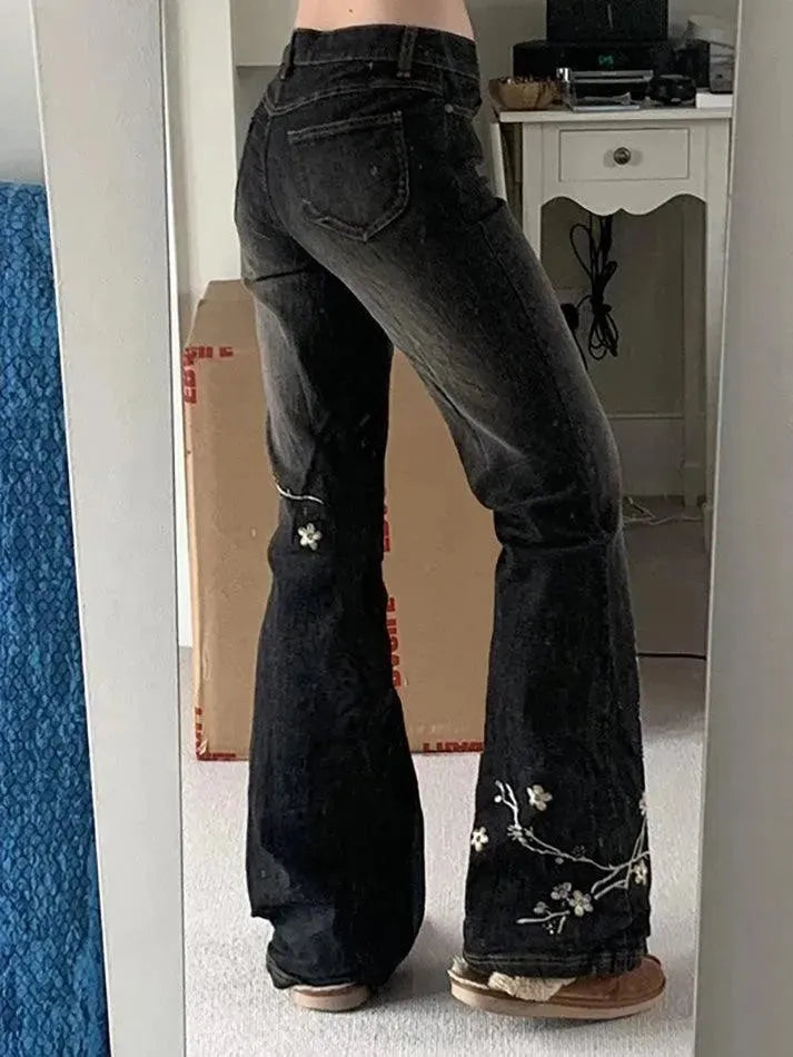 Vintage Floral Embroidery Gradient Jeans - AnotherChill
