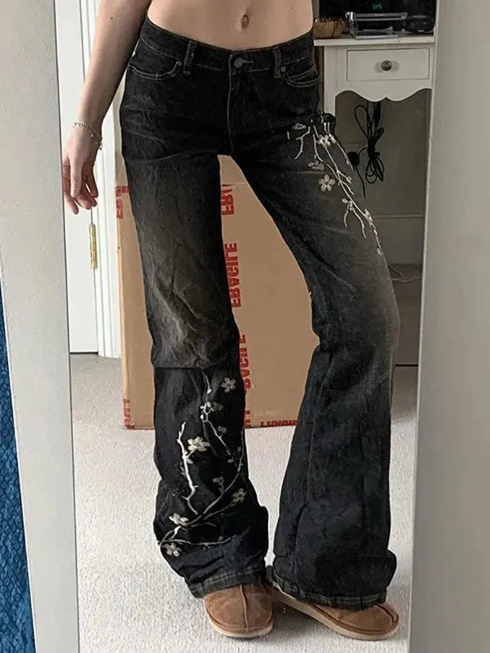 Vintage Floral Embroidery Gradient Jeans - AnotherChill