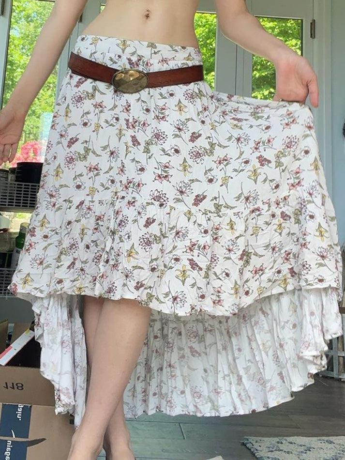 Vintage Floral Low Waist Asymmetrical Midi Skirt - AnotherChill