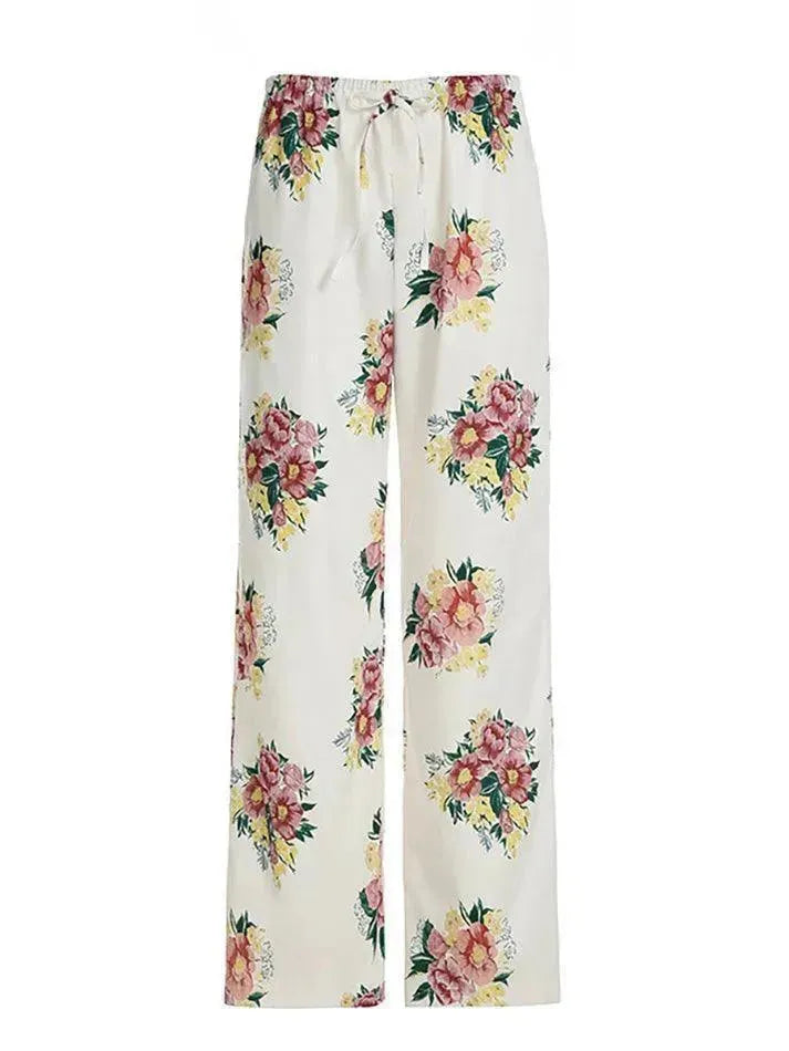 Vintage Floral Print Drawstring Low-Rise Pants - AnotherChill