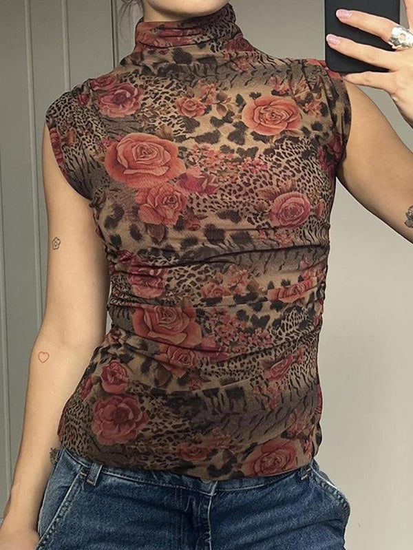 Vintage Floral Print High-Neck Sleeveless Top - AnotherChill