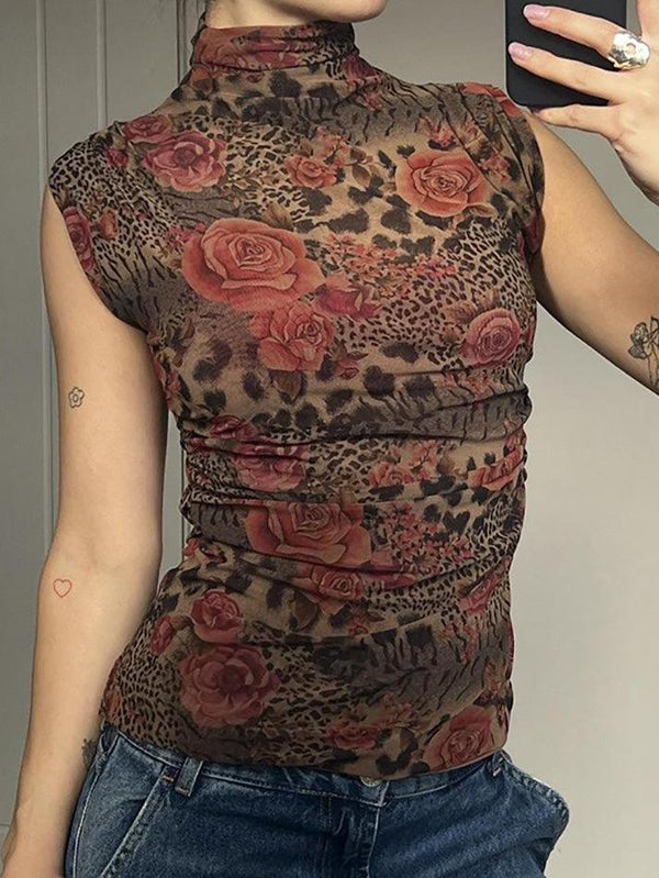 Vintage Floral Print High-Neck Sleeveless Top - AnotherChill
