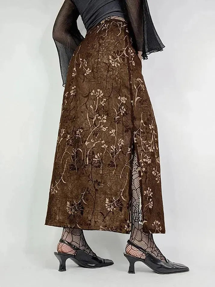 Vintage Floral Print High Waisted Midi Skirt - AnotherChill