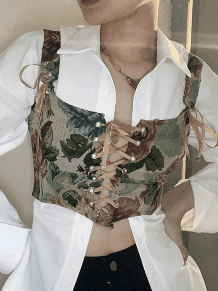 Vintage Jacquard Lace Up Corset Top - AnotherChill