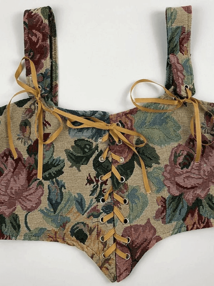 Vintage Jacquard Lace Up Corset Top - AnotherChill