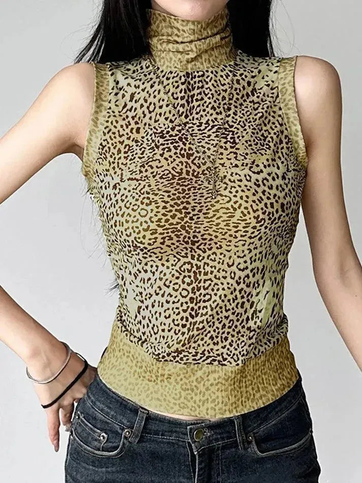 Vintage Leopard Print High-Neck Mesh Patchwork Tank Top - AnotherChill