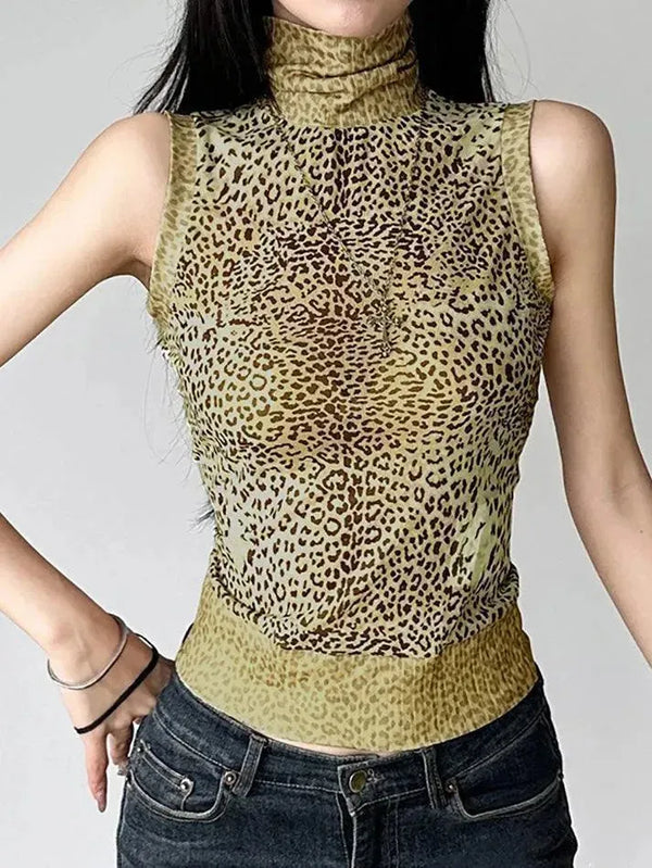 Vintage Leopard Print High-Neck Mesh Patchwork Tank Top - AnotherChill