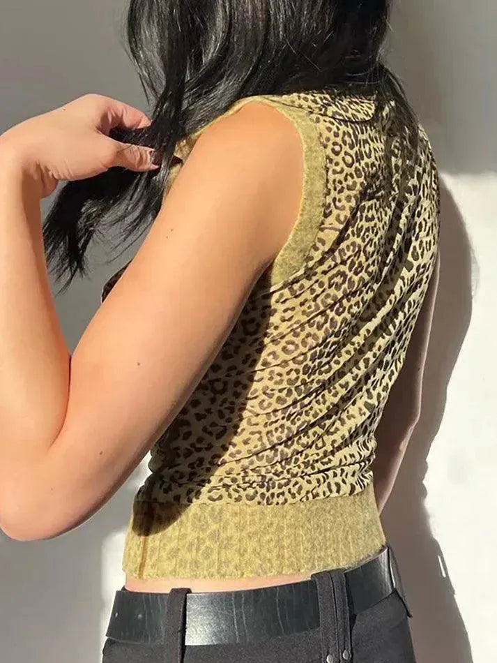 Vintage Leopard Print High-Neck Mesh Patchwork Tank Top - AnotherChill