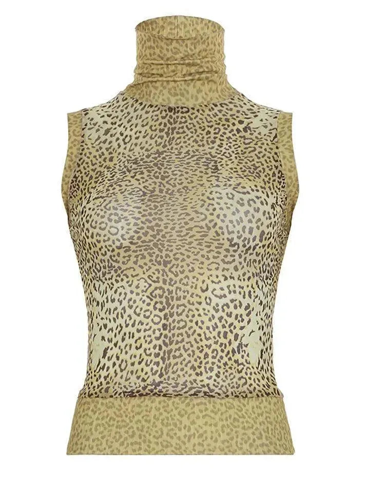 Vintage Leopard Print High-Neck Mesh Patchwork Tank Top - AnotherChill