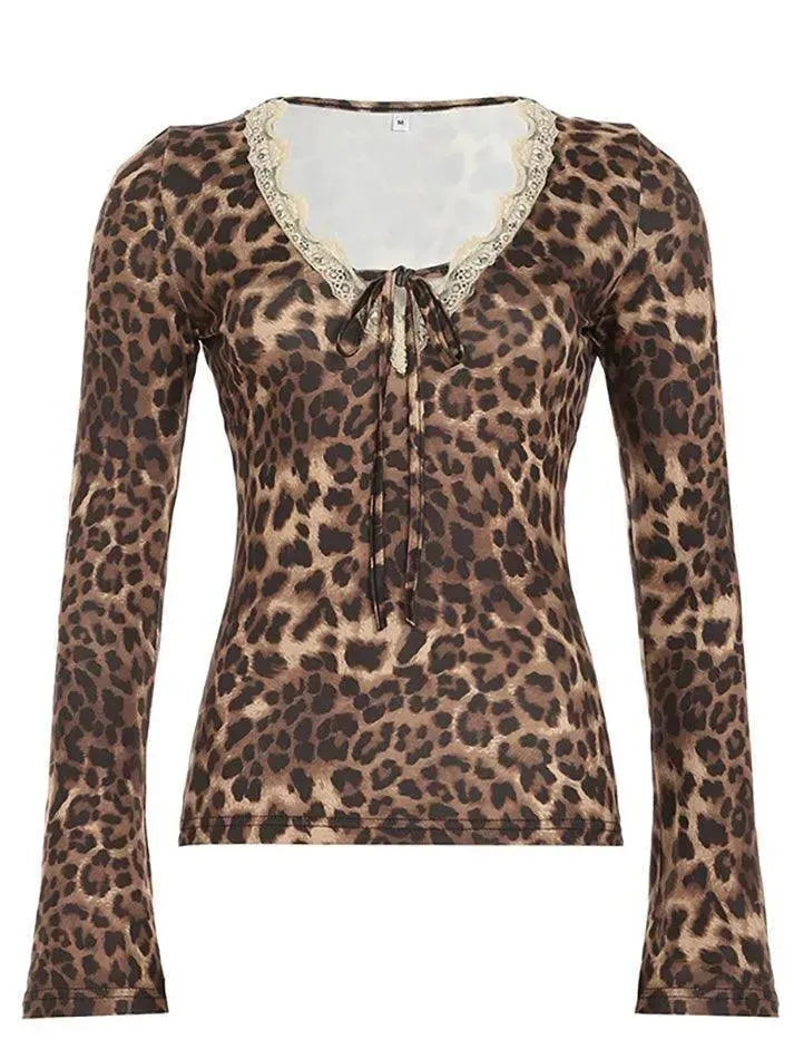 Vintage Leopard Print Lace Trim Bow Crop Top - AnotherChill