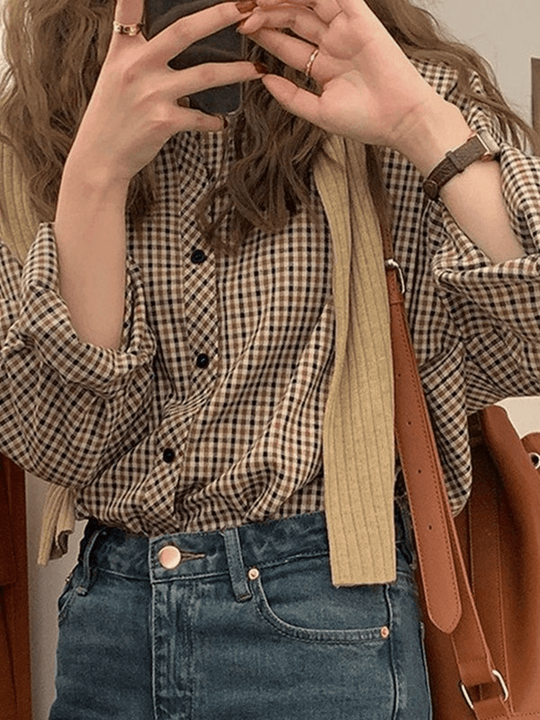 Vintage Long Sleeve Checkered Blouse - AnotherChill