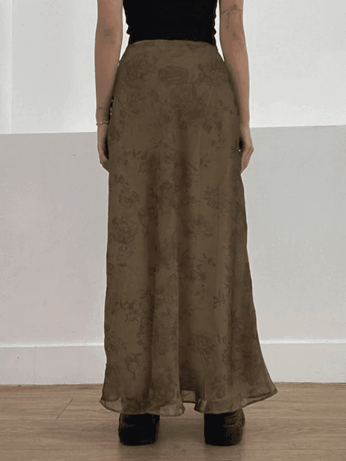 Vintage Mesh Floral Brown Maxi Skirt - AnotherChill