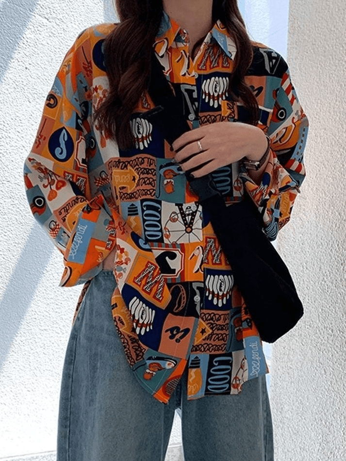Vintage Mixed Print Long Sleeve Blouse - AnotherChill