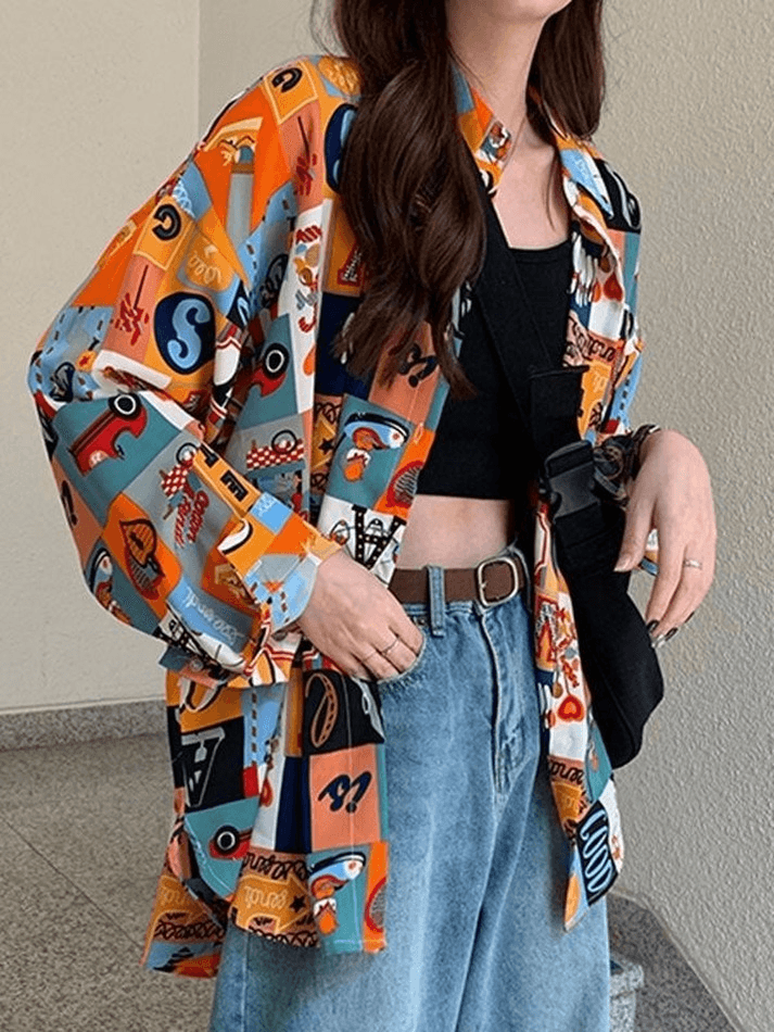 Vintage Mixed Print Long Sleeve Blouse - AnotherChill