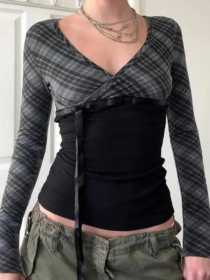 Vintage Plaid Patchwork Contrast V-Neck Top - AnotherChill