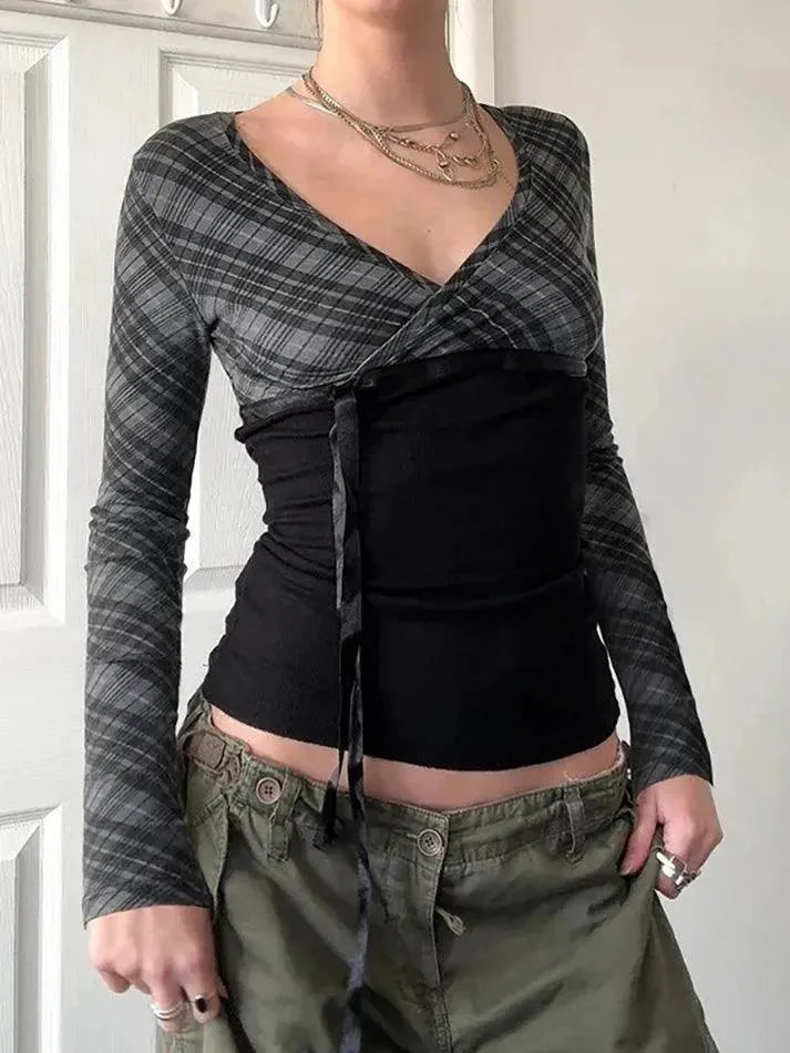 Vintage Plaid Patchwork Contrast V-Neck Top - AnotherChill