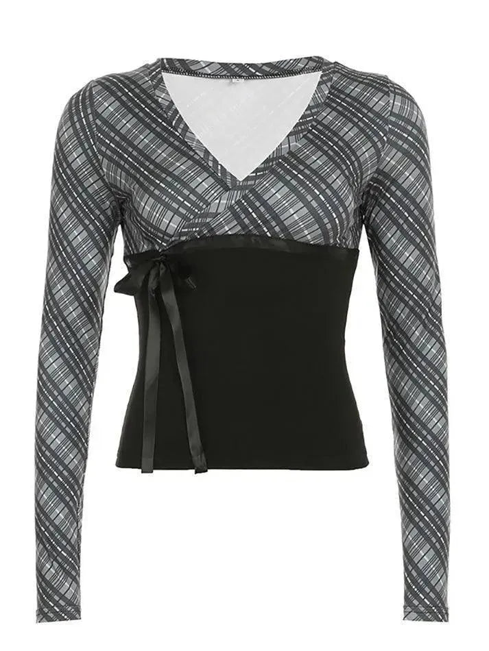 Vintage Plaid Patchwork Contrast V-Neck Top - AnotherChill
