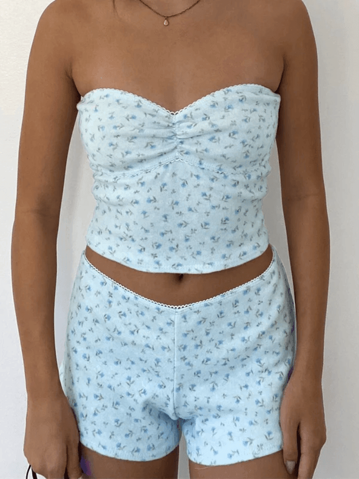 Vintage Print Bandeau Top Shorts Two Piece - AnotherChill
