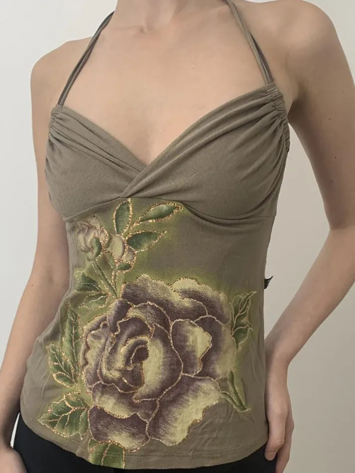 Vintage Print Drawstring Halter Backless Top – AnotherChill