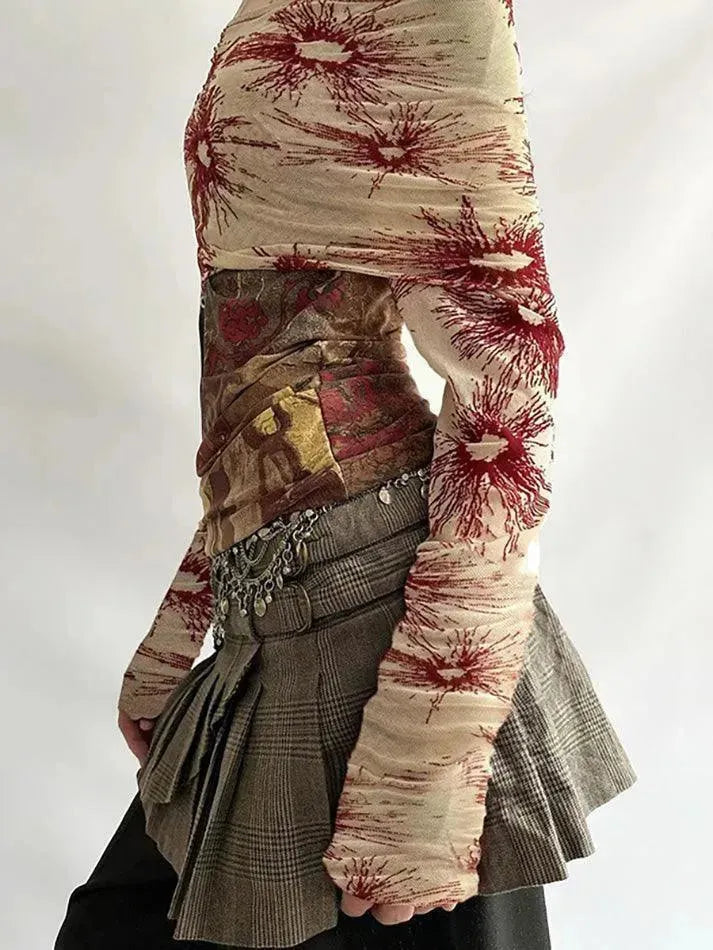 Vintage Print Mesh Off-Shoulder Long Sleeve Top - AnotherChill