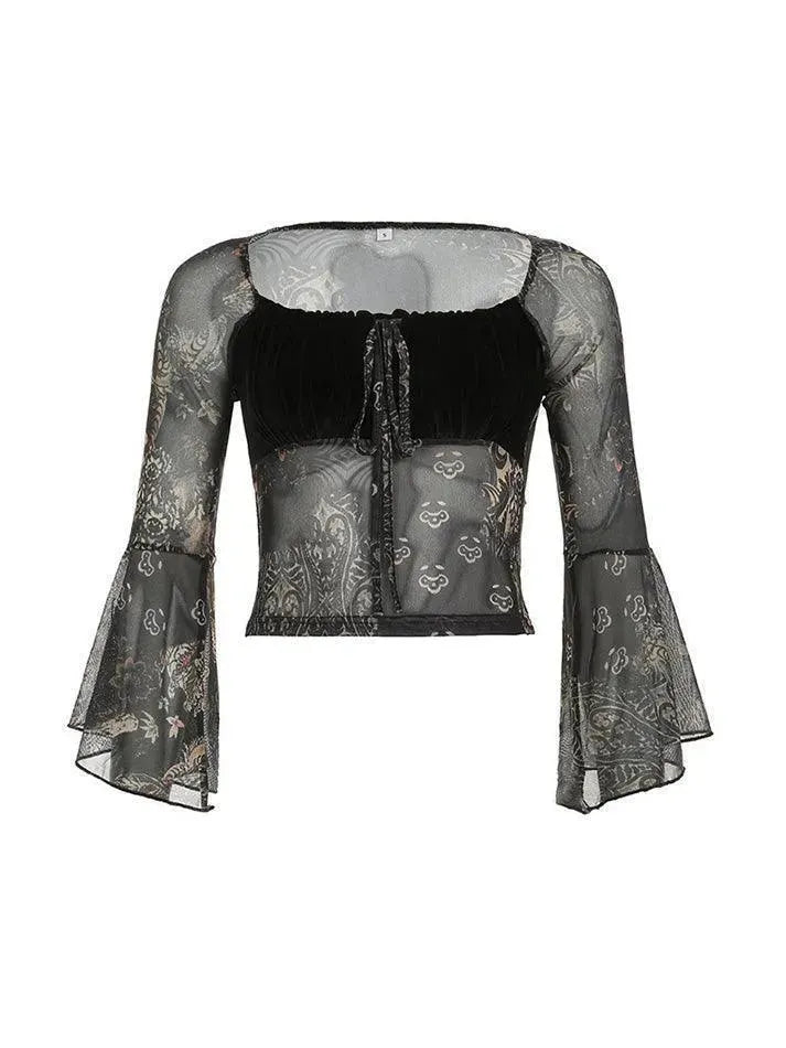 Vintage Ruched Square Neck Tie Top - AnotherChill