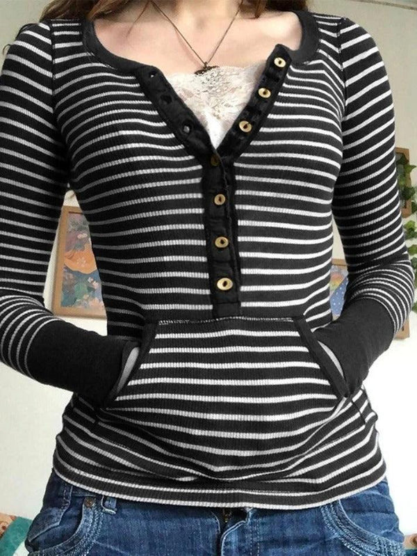 Vintage Striped Button Front Ribbed Knit Top - AnotherChill