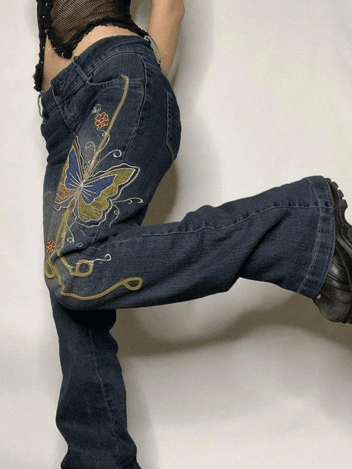 Vintage Washed Butterfly Flare Jeans - AnotherChill