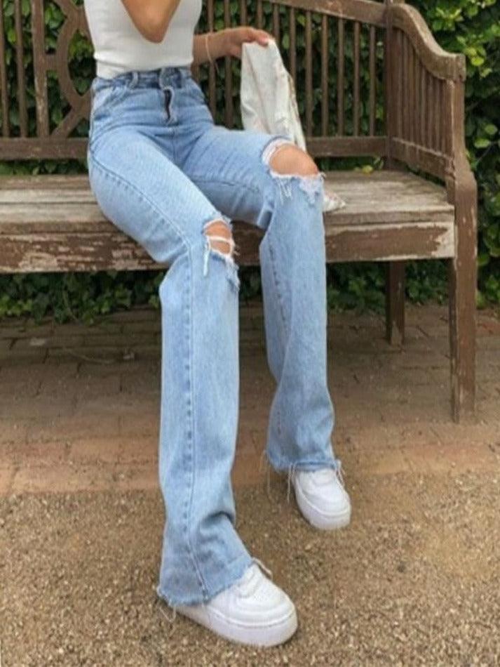 2024 Washed High Waist Knee Ripped Jeans Blue S in Jeans Online Store ...