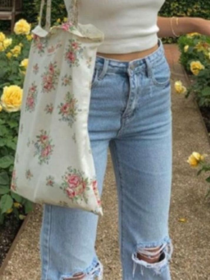 2024 Washed High Waist Knee Ripped Jeans Blue S in Jeans Online Store ...