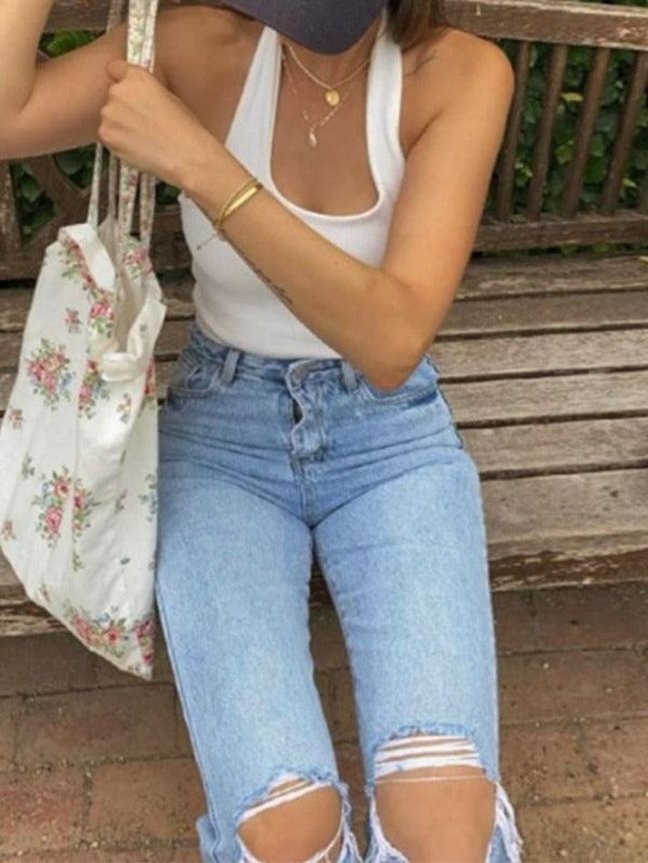 Washed High Waist Knee Ripped Jeans - AnotherChill