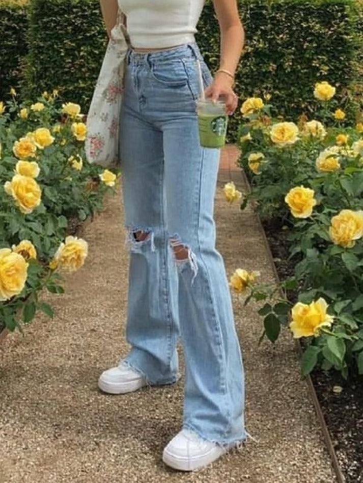 Washed High Waist Knee Ripped Jeans - AnotherChill