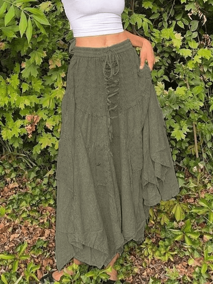 Washed Irregular Lace Up Midi Skirt - AnotherChill