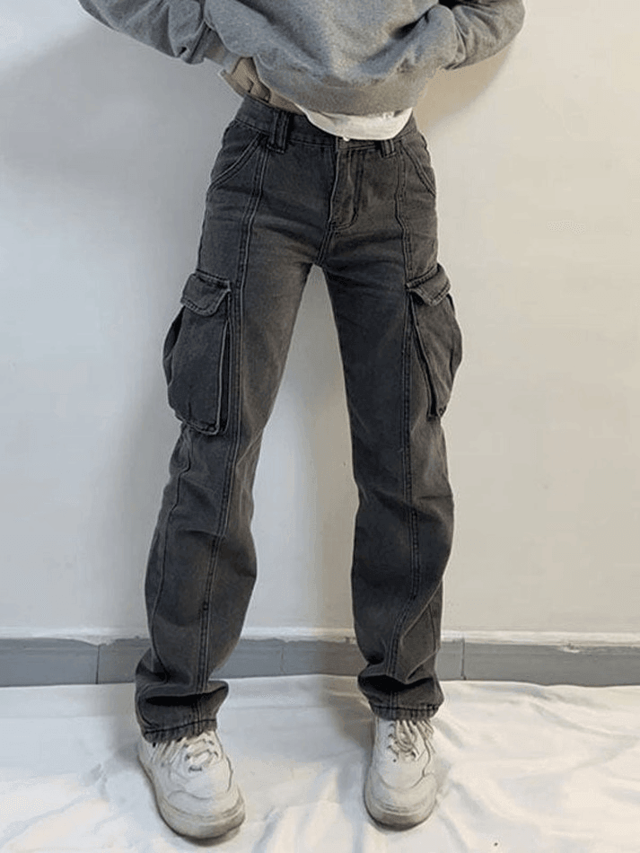 Washed Mid Waist Pocket Cargo Jeans - AnotherChill