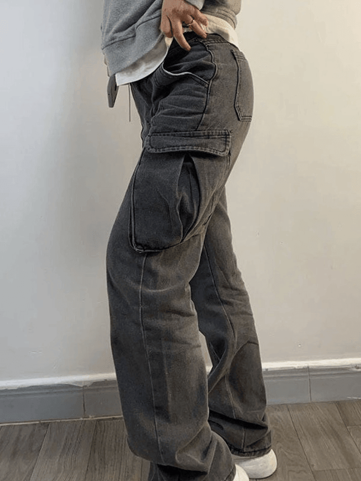 Washed Mid Waist Pocket Cargo Jeans - AnotherChill
