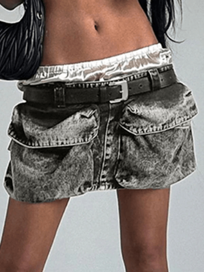 Washed Pocket Patchwork Low Waist Mini Skirt - AnotherChill