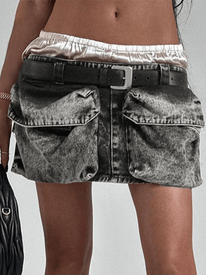 Washed Pocket Patchwork Low Waist Mini Skirt - AnotherChill