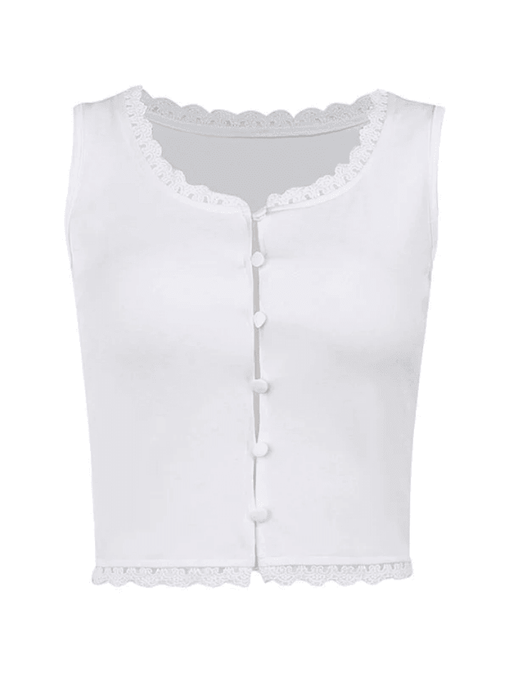 2023 White Lace Trim Button Front Tank Top White S in Tops&Tees Online ...