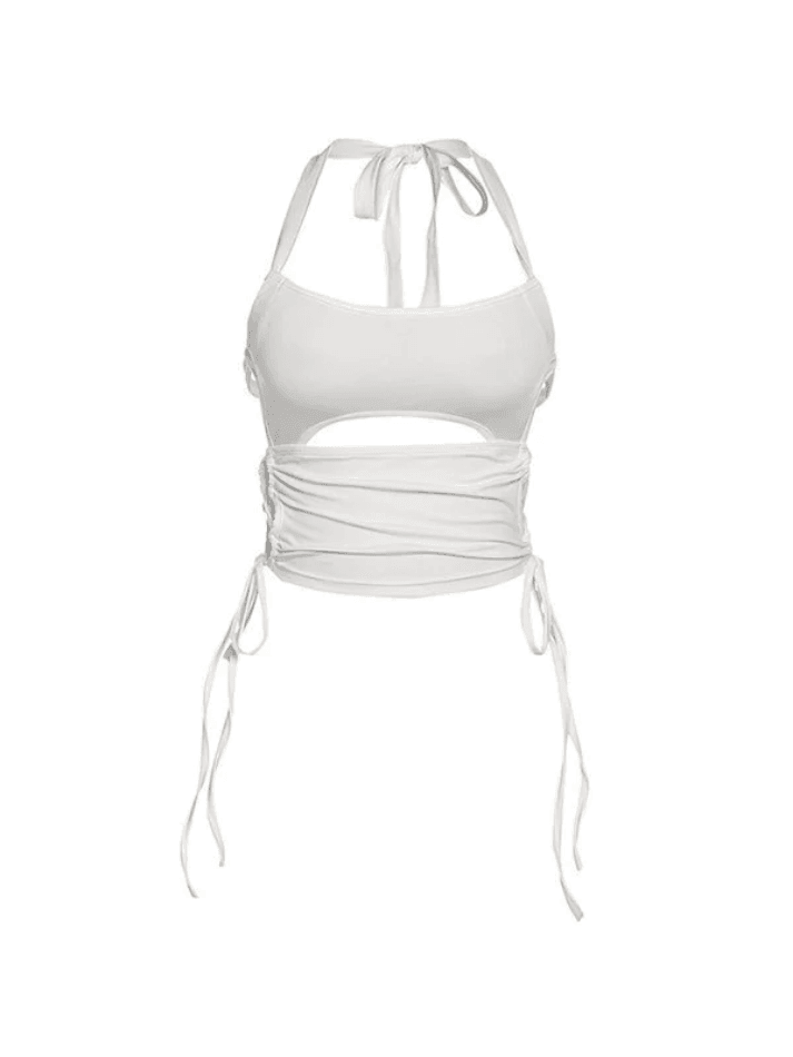 White Lace Up Cutout Halter Crop Cami Top - AnotherChill