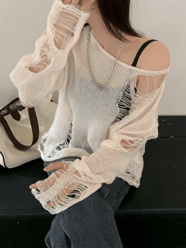 White Long Sleeve Distressed Knit Top - AnotherChill