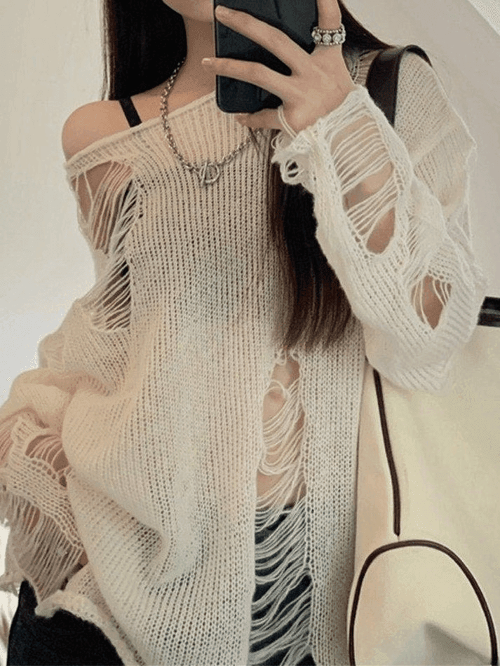 White Long Sleeve Distressed Knit Top - AnotherChill
